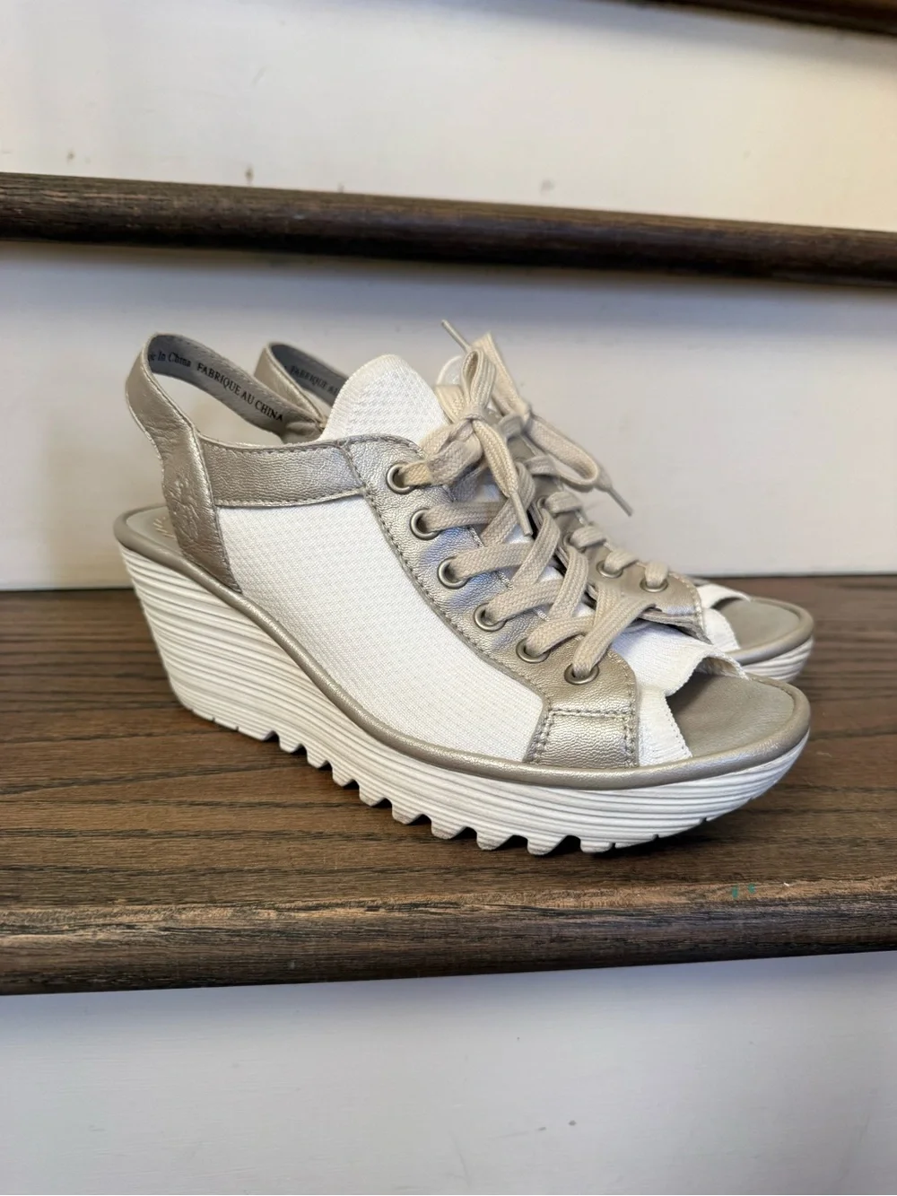 Fly London 38 Yedu Wedge Lace up Sandal  - White & Metallic silver